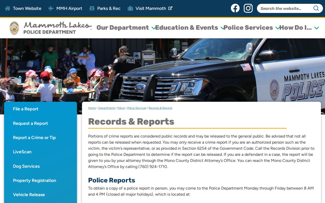 Mammoth Lakes Police arrest report records policy page