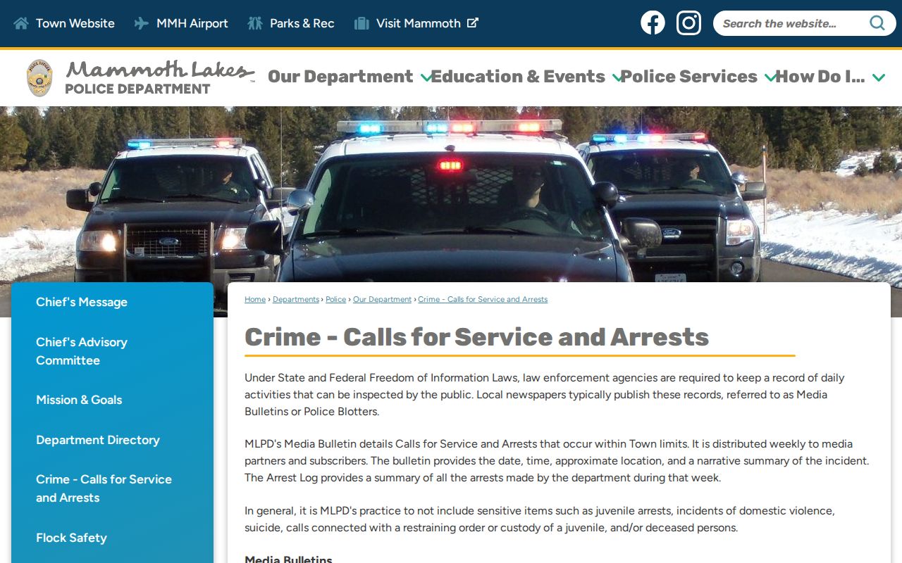 Mammoth Lakes Police weekly arrest record bulletin page