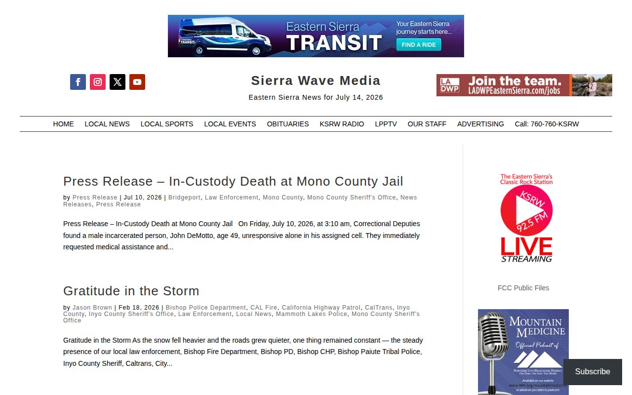 Mono County crime news landing page for Sheriff reports