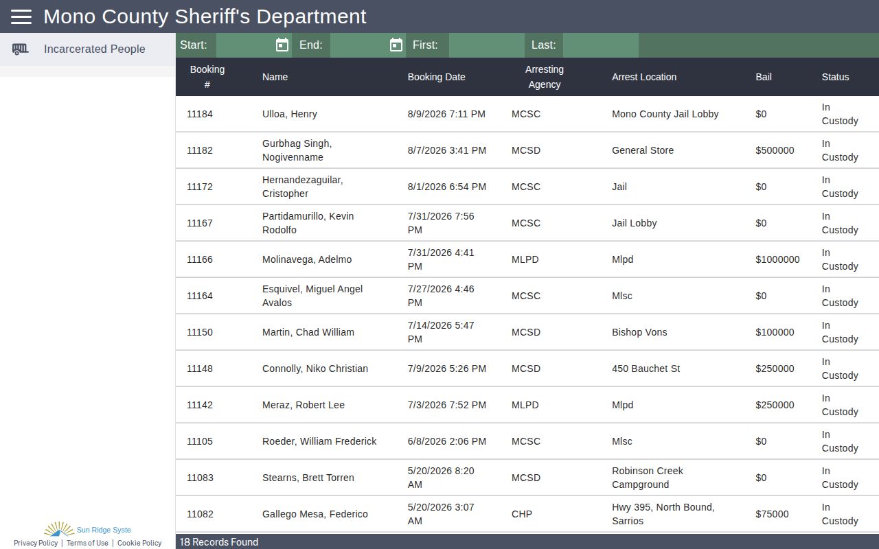 Mono County Jail current-custody record search