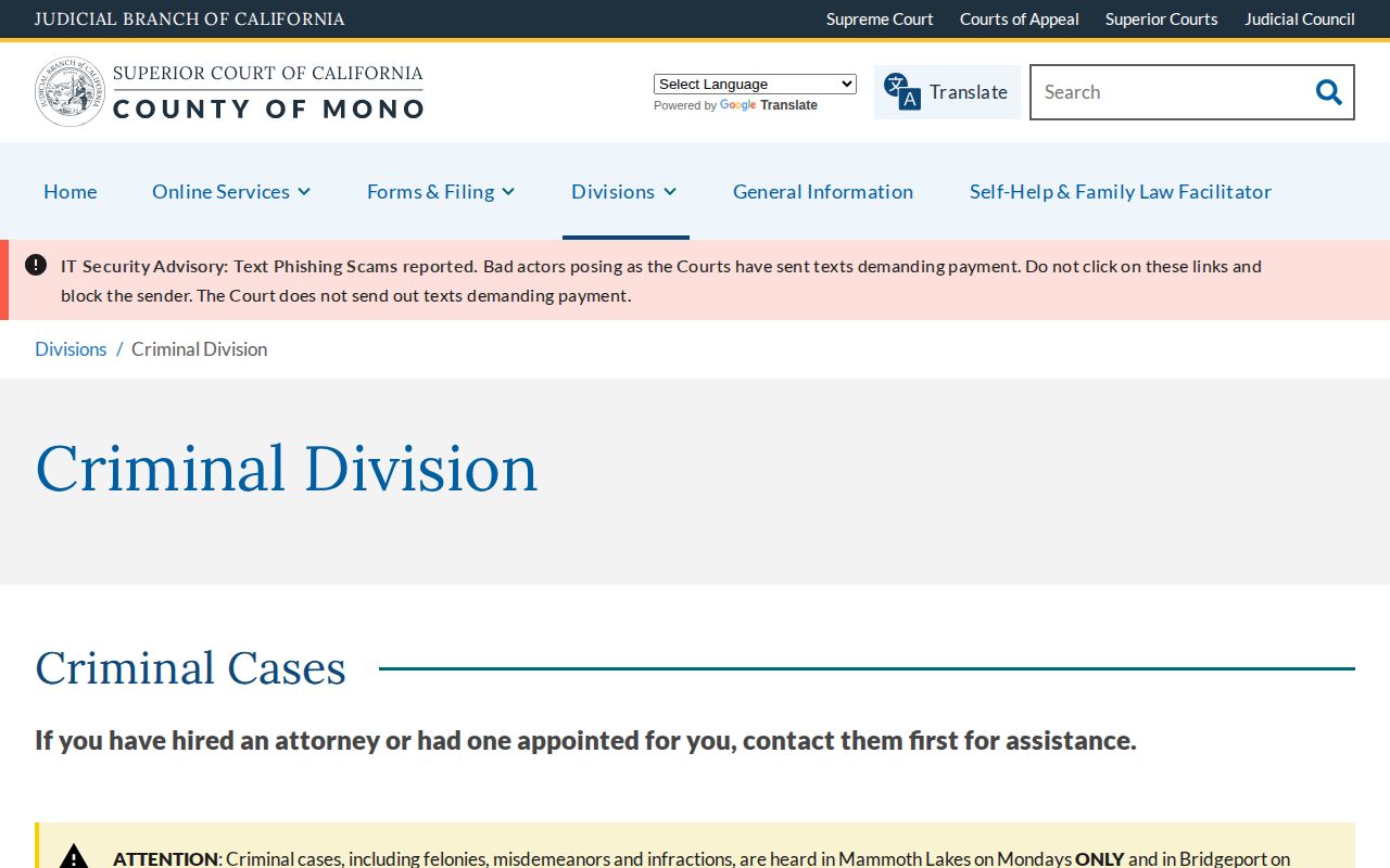 Mono County warrant and criminal court contact page